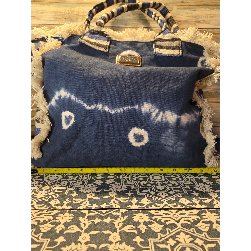 😎Sun N Sand Tie Dye Boho Beach Tote Bag Fringed Navy White Beachcore